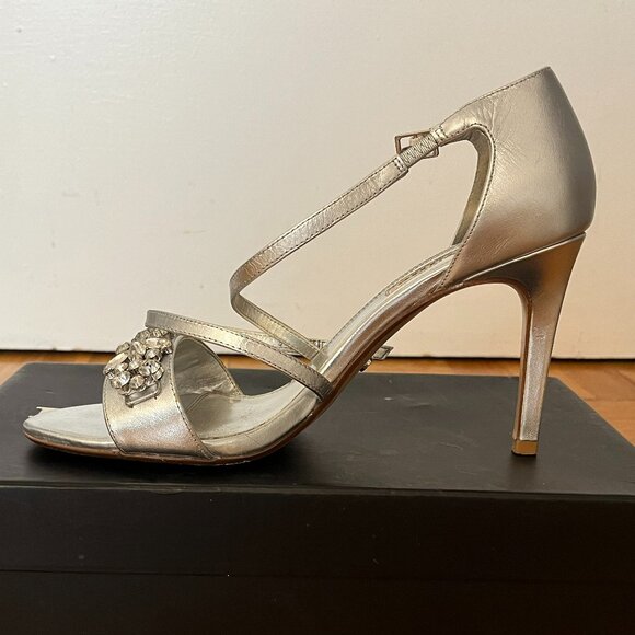 Silver Leather Strappy Heels | Size 39 | Rhinestone Glam Sandals - Picture 8 of 10